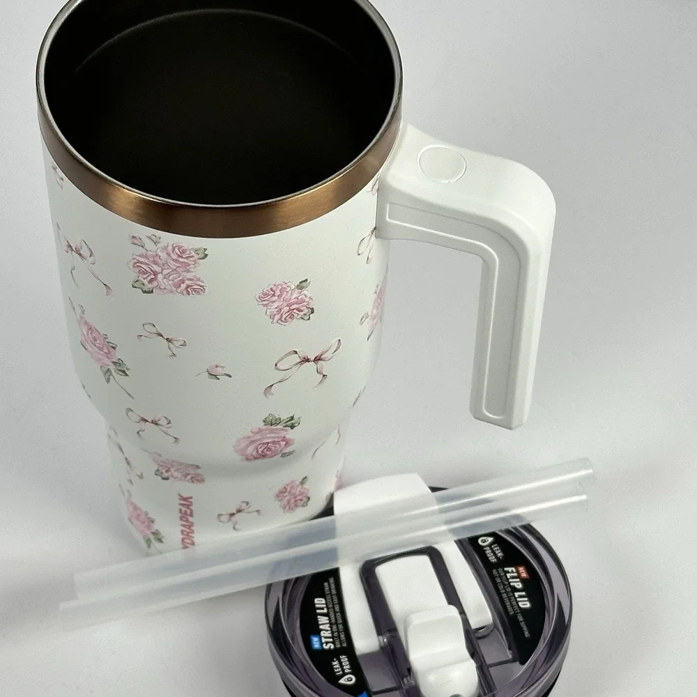 Hydrapeak Tumbler Pink Roses Bow Floral Cup Handle Straw Lid 28oz